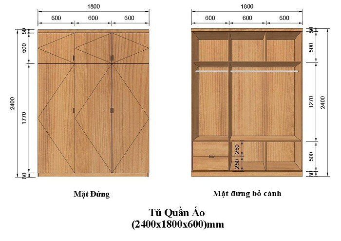 Tiêu chuẩn kích thước tủ đựng quần áo loại 2 cánh, 3 cánh, 4 cánh…